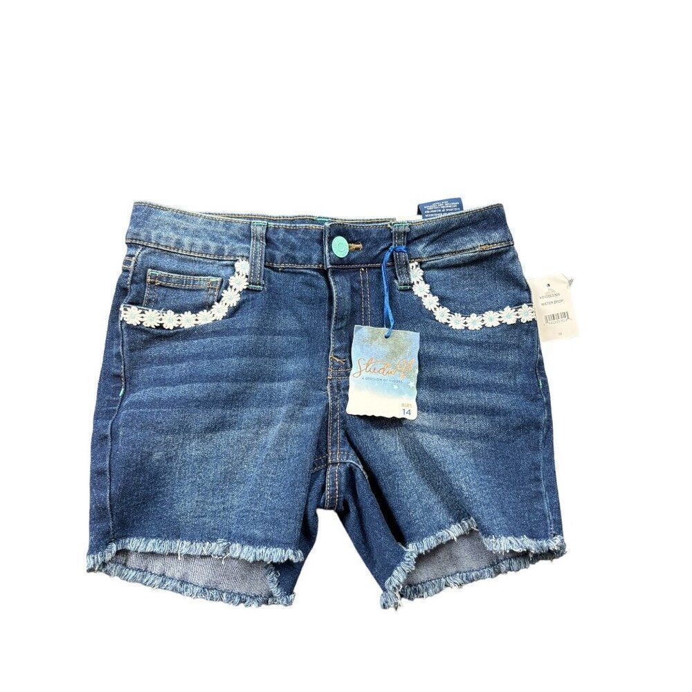 Studio V Girls Denim Shorts Size 14 Frayed Hem Daisy Trim Cotton Blend New with